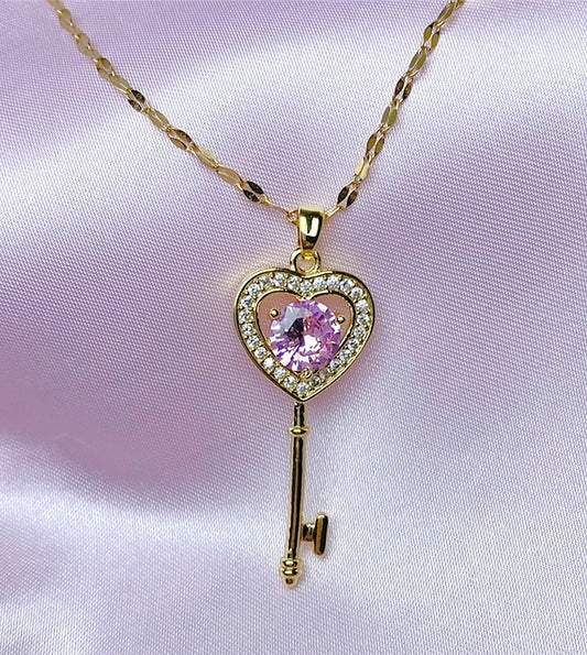 “Key to my heart” - pink heart key necklace